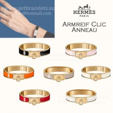 Pulsera estrecha Hermes Clic Anneau de esmalte liso con herrajes chapados en oro amarillo/oro rosa/oro blanco niña