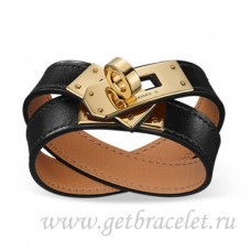 Hermes Rivale pulsera de doble vuelta negra con oro