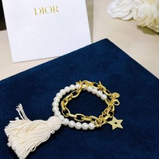 Christian Dior Perla blanca Enlace chapado en oro amarillo Abeja Estrella Colgantes de lana Joyería de doble propósito Collar Pulsera