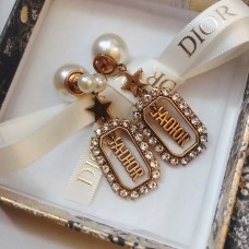 Christian Dior JADIOR Colgante Rectangular Ahuecado Borde De Diamantes Mujer Pendientes De Perlas Blanco