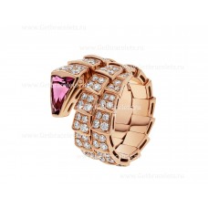 Anillo Bvlgari Serpenti Viper Twp-Coil en oro rosa de 18 quilates con pavé de diamantes y rubelita en la cabeza