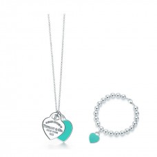 Collar con colgante de doble etiqueta de corazón Tiffany, joyería de cuentas con dije de esmalte azul