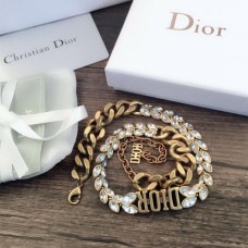 Dior DIOR Logo Charm Cadena gruesa Diamante marquesa Mujeres Latón antiguo Collar de imitación de cristal blanco