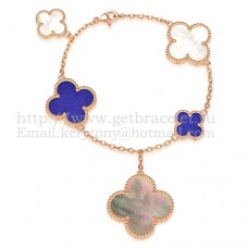 Pulsera Van Cleef Arpels Magic Alhambra 5 Motivos Oro Rosa Con Lapislázuli Blanco Gris Nácar