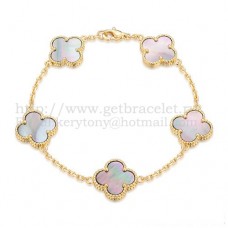 Pulsera Van Cleef Arpels Alhambra 5 Motivos Oro Amarillo Con Nácar Gris